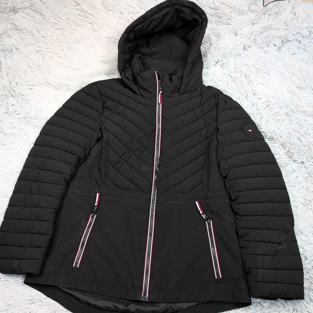 Tommy Hilfiger Jacket Womens M Black Hood Zip Up Gorpcore Pockets Puffer Logo